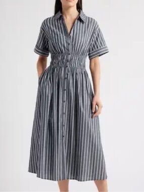 En Saison Striped Button-Front Midi Dress in Charcoal and White